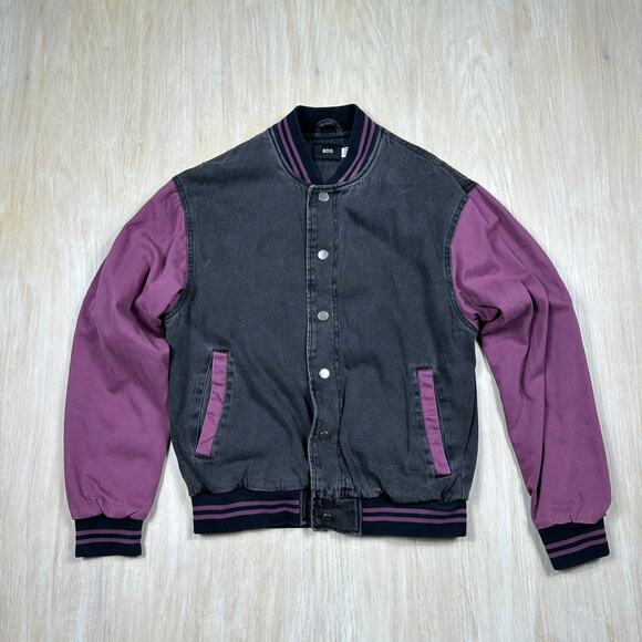 BDG Colorblock Varsity Black & Purple Long Sleeve Snap Front Bomber Jacket Small - Picture 1 of 12